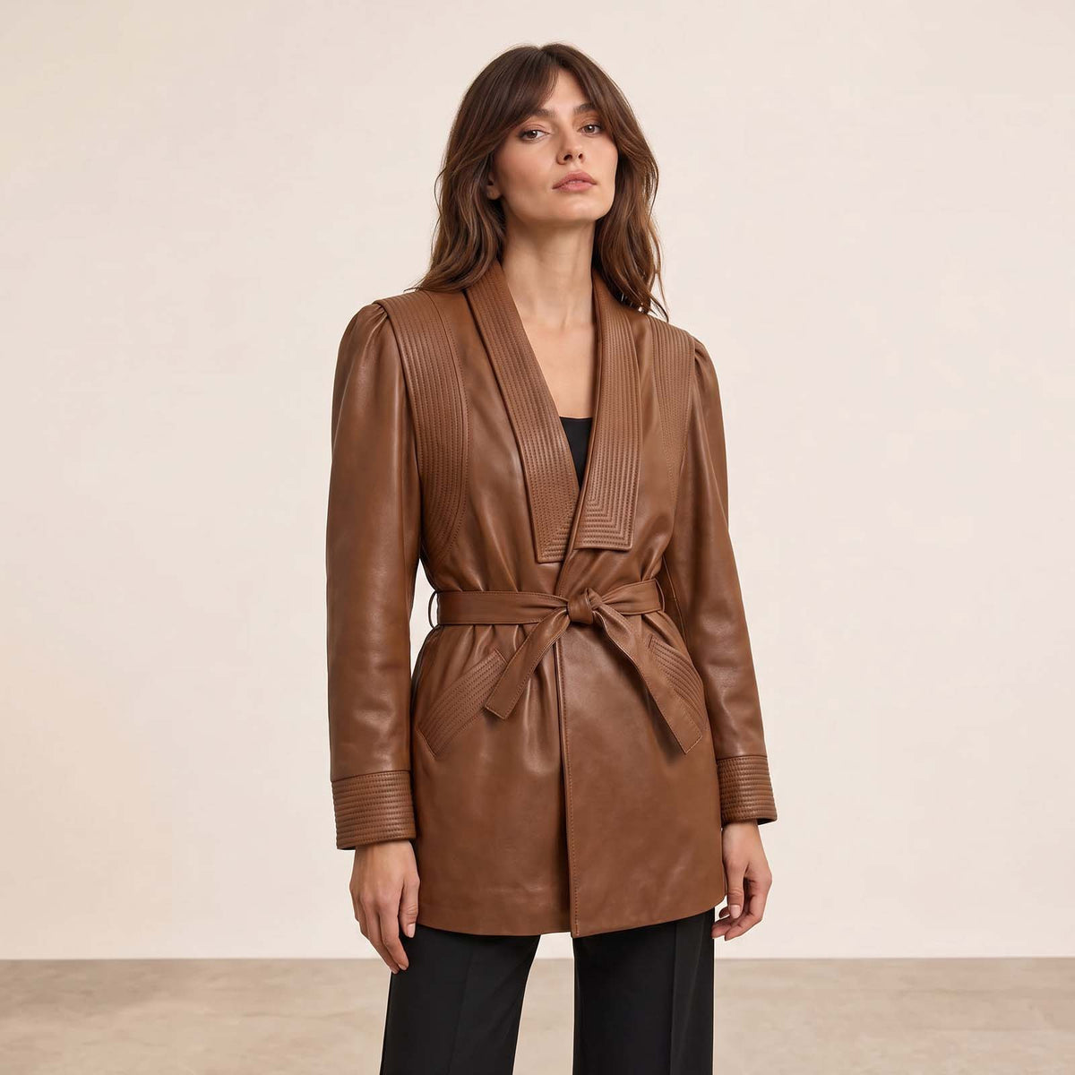 Women’s Luxury Designer Lambskin Leather Belted Jacket – Cognac Brown Statement Blazer