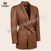 Women’s Luxury Designer Lambskin Leather Belted Jacket – Cognac Brown Statement Blazer