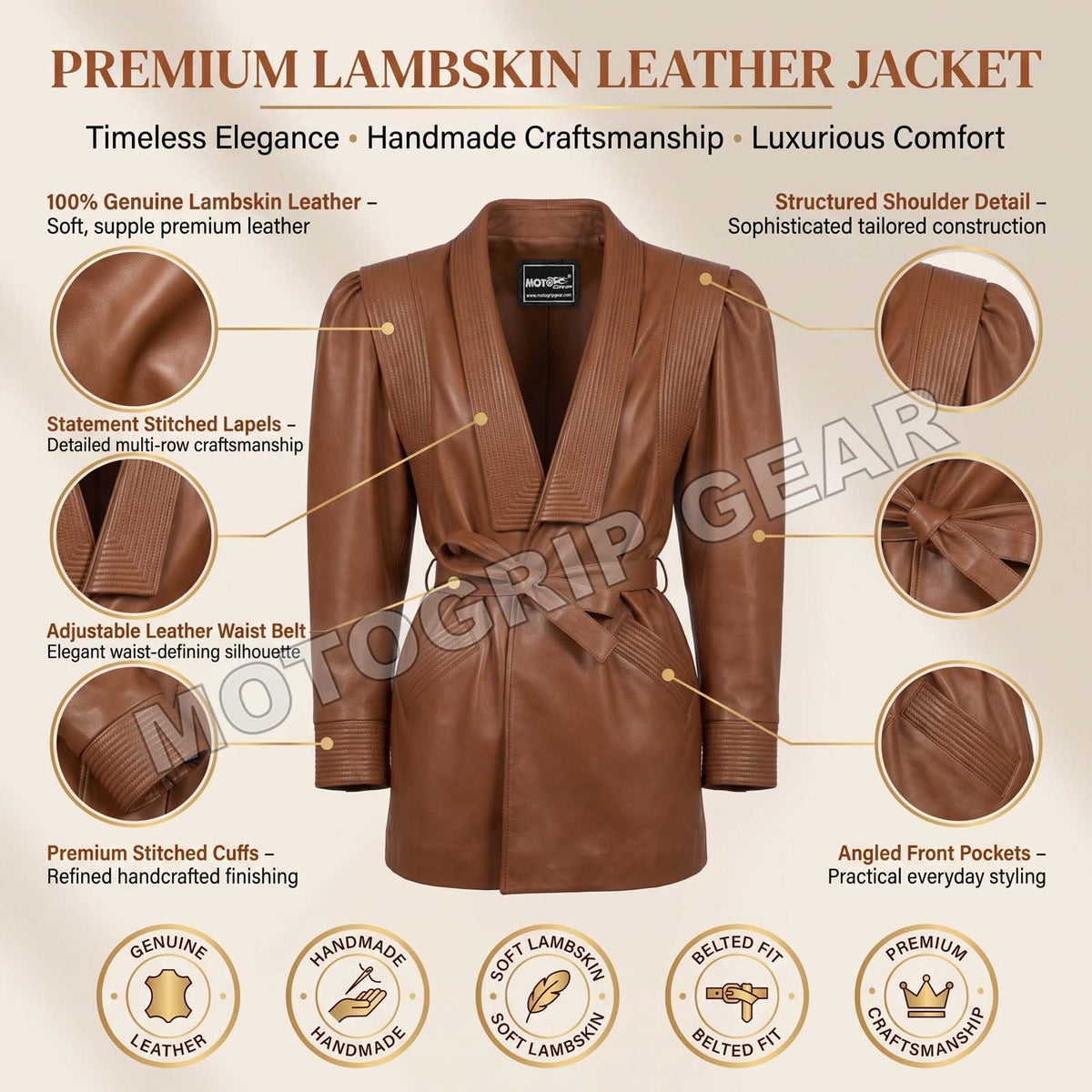 Women’s Luxury Designer Lambskin Leather Belted Jacket – Cognac Brown Statement Blazer