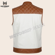 Roadcrest men’s white and brown leather motorcycle vest, back product view