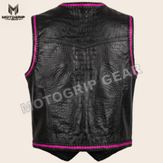 Cinderbraid black and pink crocodile embossed leather motorcycle vest, back view