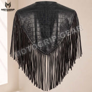 Women’s Crocodile Embossed Leather Fringe Shawl – Western Cowgirl Cape