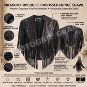 Women’s Crocodile Embossed Leather Fringe Shawl – Western Cowgirl Cape