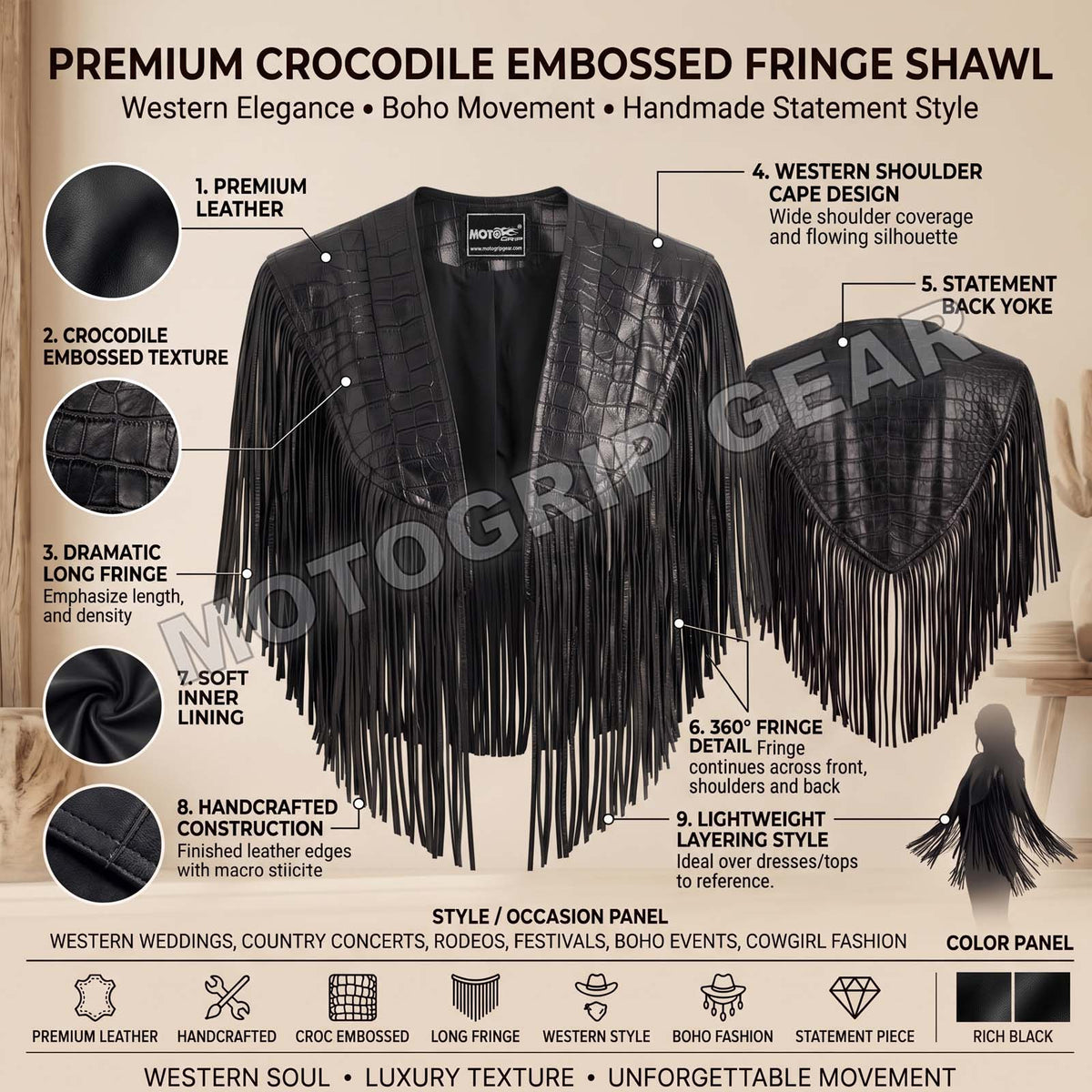 Women’s Crocodile Embossed Leather Fringe Shawl – Western Cowgirl Cape