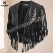 Women’s Crocodile Embossed Leather Fringe Shawl – Western Cowgirl Cape