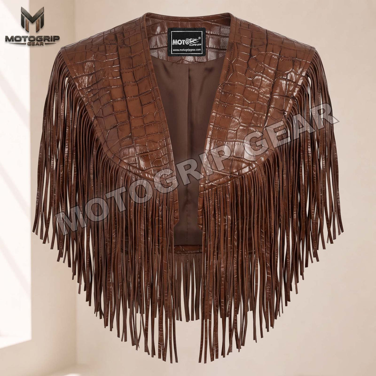Women’s Crocodile Embossed Leather Fringe Shawl – Western Cowgirl Cape