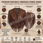 Women’s Crocodile Embossed Leather Fringe Shawl – Western Cowgirl Cape