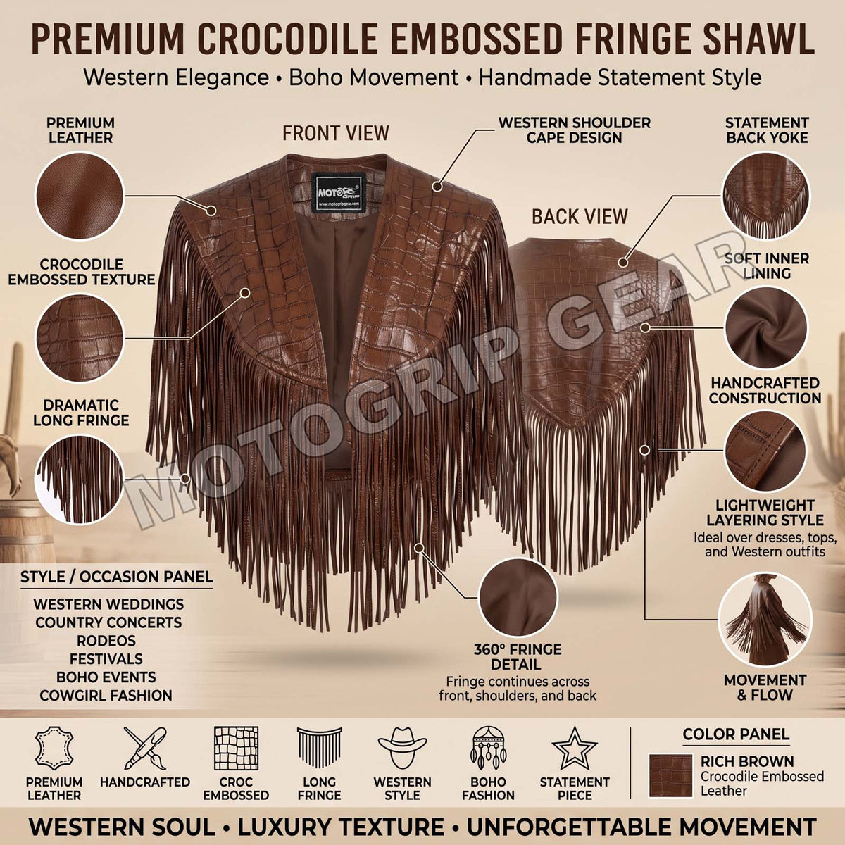 Women’s Crocodile Embossed Leather Fringe Shawl – Western Cowgirl Cape