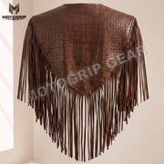Women’s Crocodile Embossed Leather Fringe Shawl – Western Cowgirl Cape
