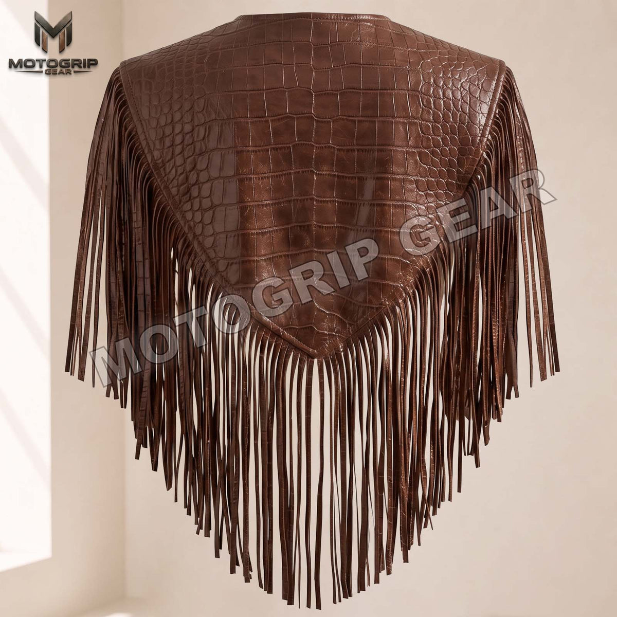 Women’s Crocodile Embossed Leather Fringe Shawl – Western Cowgirl Cape