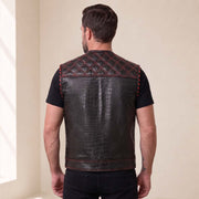 Men’s Crocodile Embossed Cowhide Leather Motorcycle Vest – Contrast Stitch Biker Club Vest