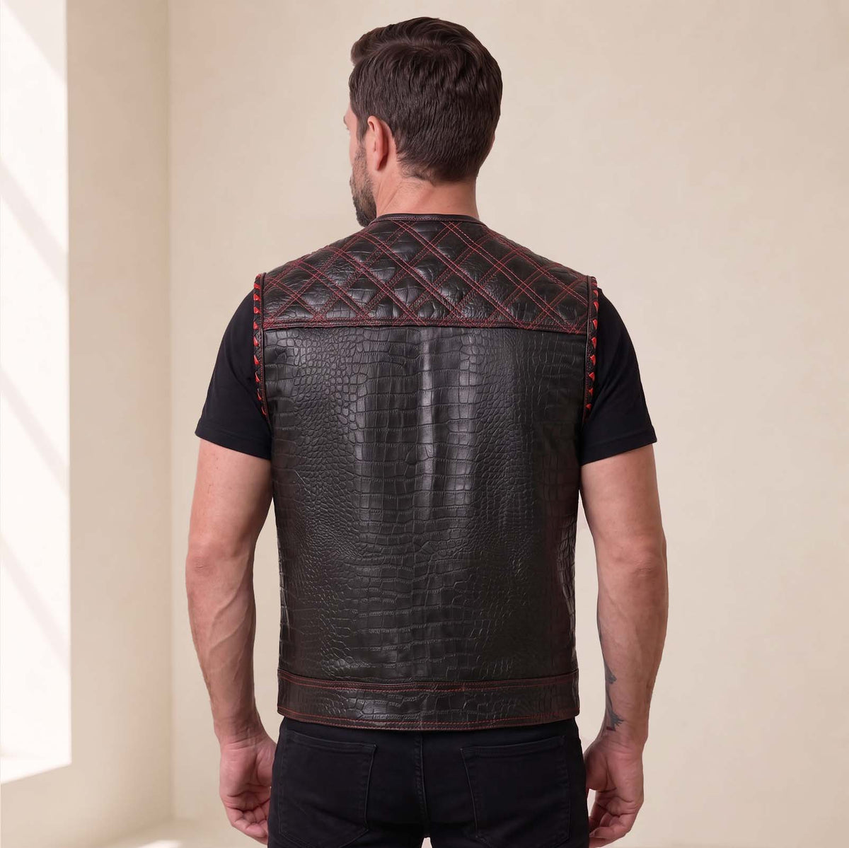 Men’s Crocodile Embossed Cowhide Leather Motorcycle Vest – Contrast Stitch Biker Club Vest