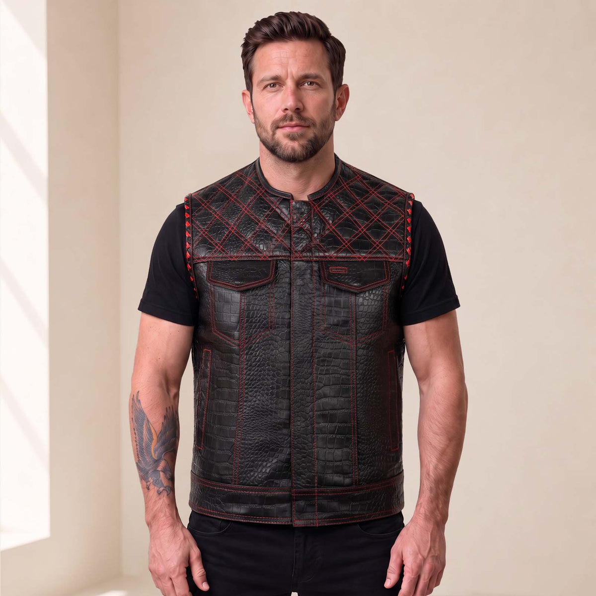 Men’s Crocodile Embossed Cowhide Leather Motorcycle Vest – Contrast Stitch Biker Club Vest