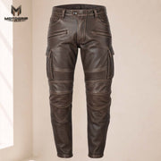 Men’s Distressed Brown Genuine Cowhide Leather Motorcycle Cargo Riding Pants