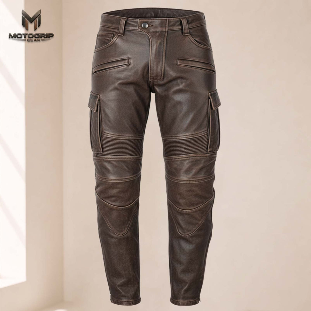 Men’s Distressed Brown Genuine Cowhide Leather Motorcycle Cargo Riding Pants