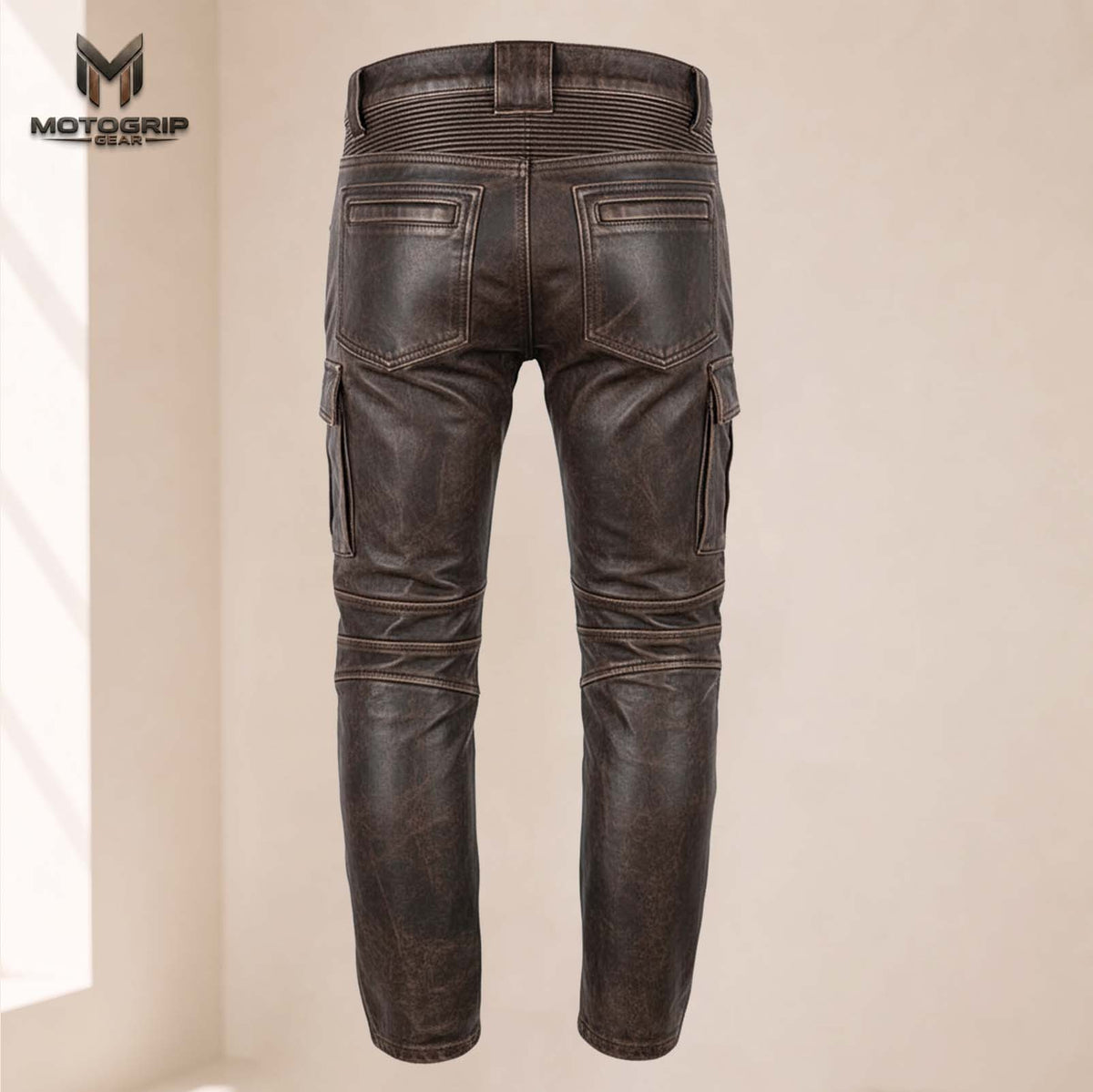 Men’s Distressed Brown Genuine Cowhide Leather Motorcycle Cargo Riding Pants
