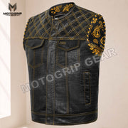 Men’s Crocodile Embossed Cowhide Leather Motorcycle Vest – Contrast Stitch Biker Club Vest