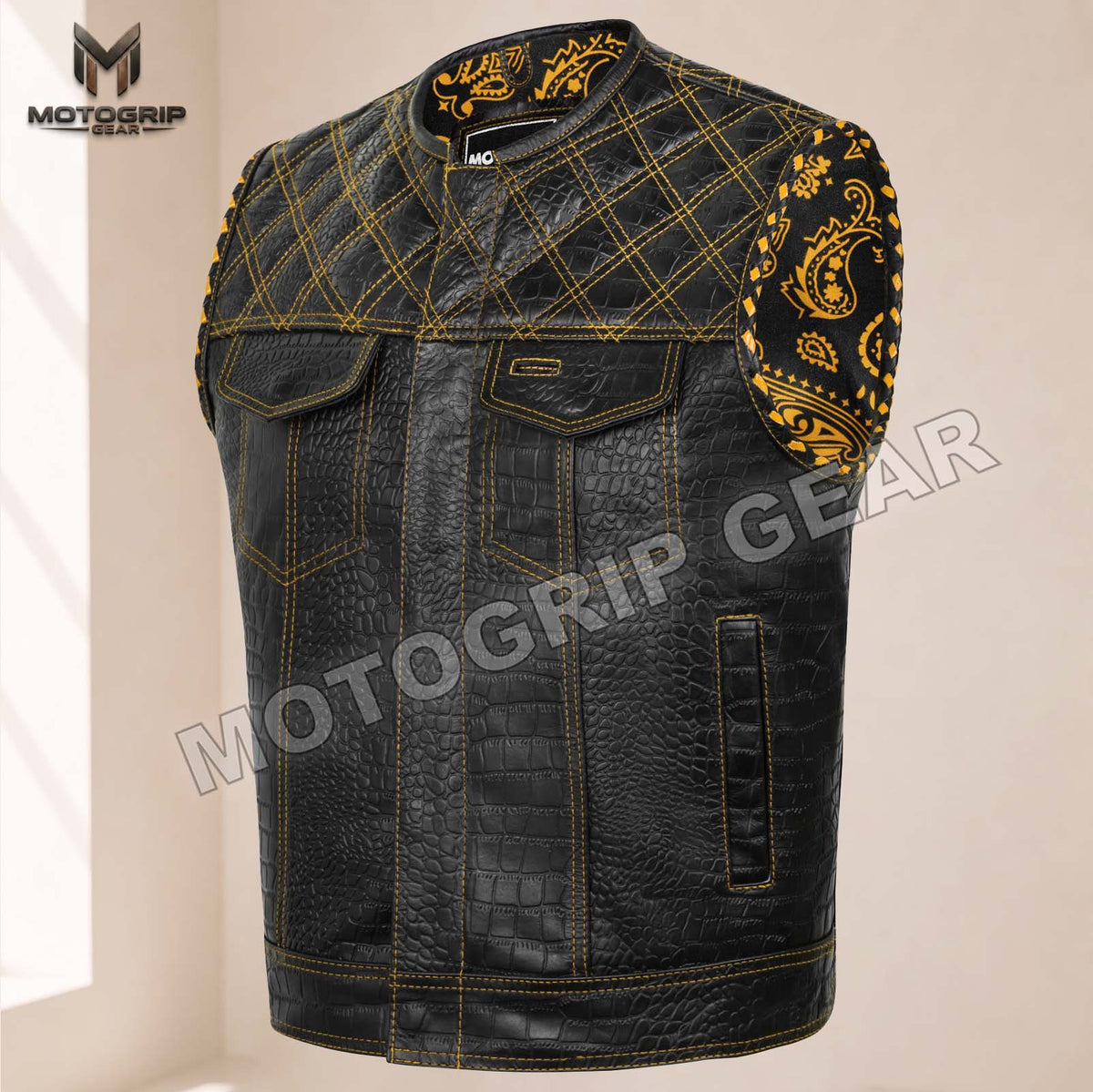 Men’s Crocodile Embossed Cowhide Leather Motorcycle Vest – Contrast Stitch Biker Club Vest