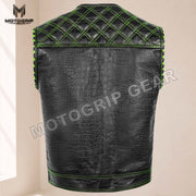 Men’s Crocodile Embossed Cowhide Leather Motorcycle Vest – Contrast Stitch Biker Club Vest