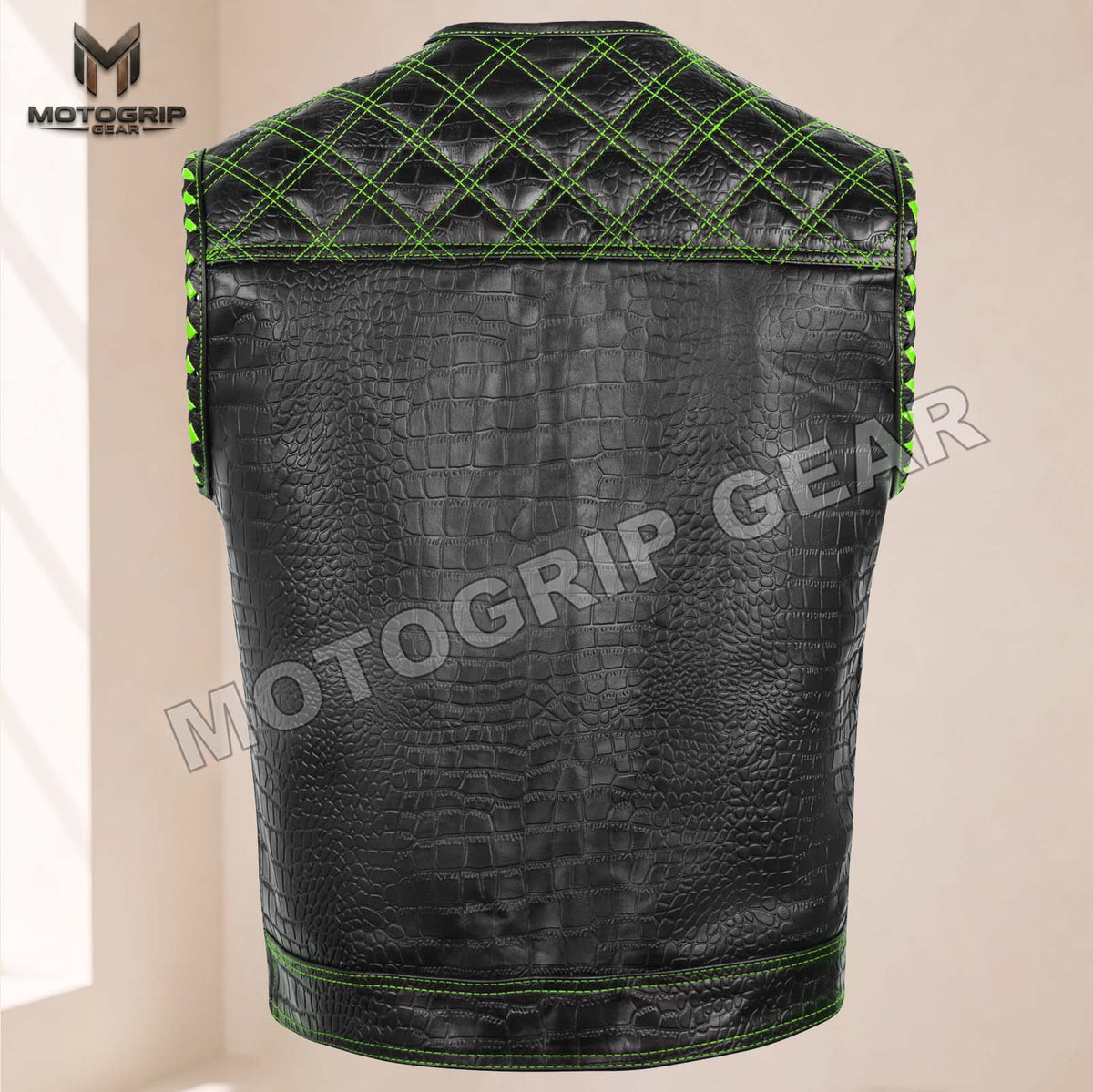 Men’s Crocodile Embossed Cowhide Leather Motorcycle Vest – Contrast Stitch Biker Club Vest