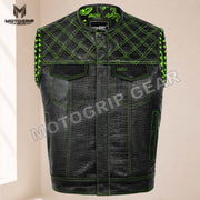 Men’s Crocodile Embossed Cowhide Leather Motorcycle Vest – Contrast Stitch Biker Club Vest