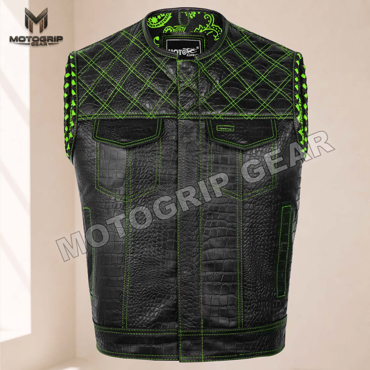 Men’s Crocodile Embossed Cowhide Leather Motorcycle Vest – Contrast Stitch Biker Club Vest