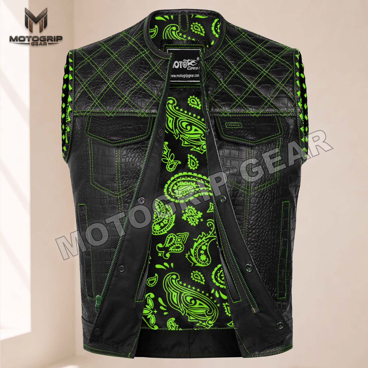 Men’s Crocodile Embossed Cowhide Leather Motorcycle Vest – Contrast Stitch Biker Club Vest