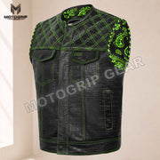 Men’s Crocodile Embossed Cowhide Leather Motorcycle Vest – Contrast Stitch Biker Club Vest