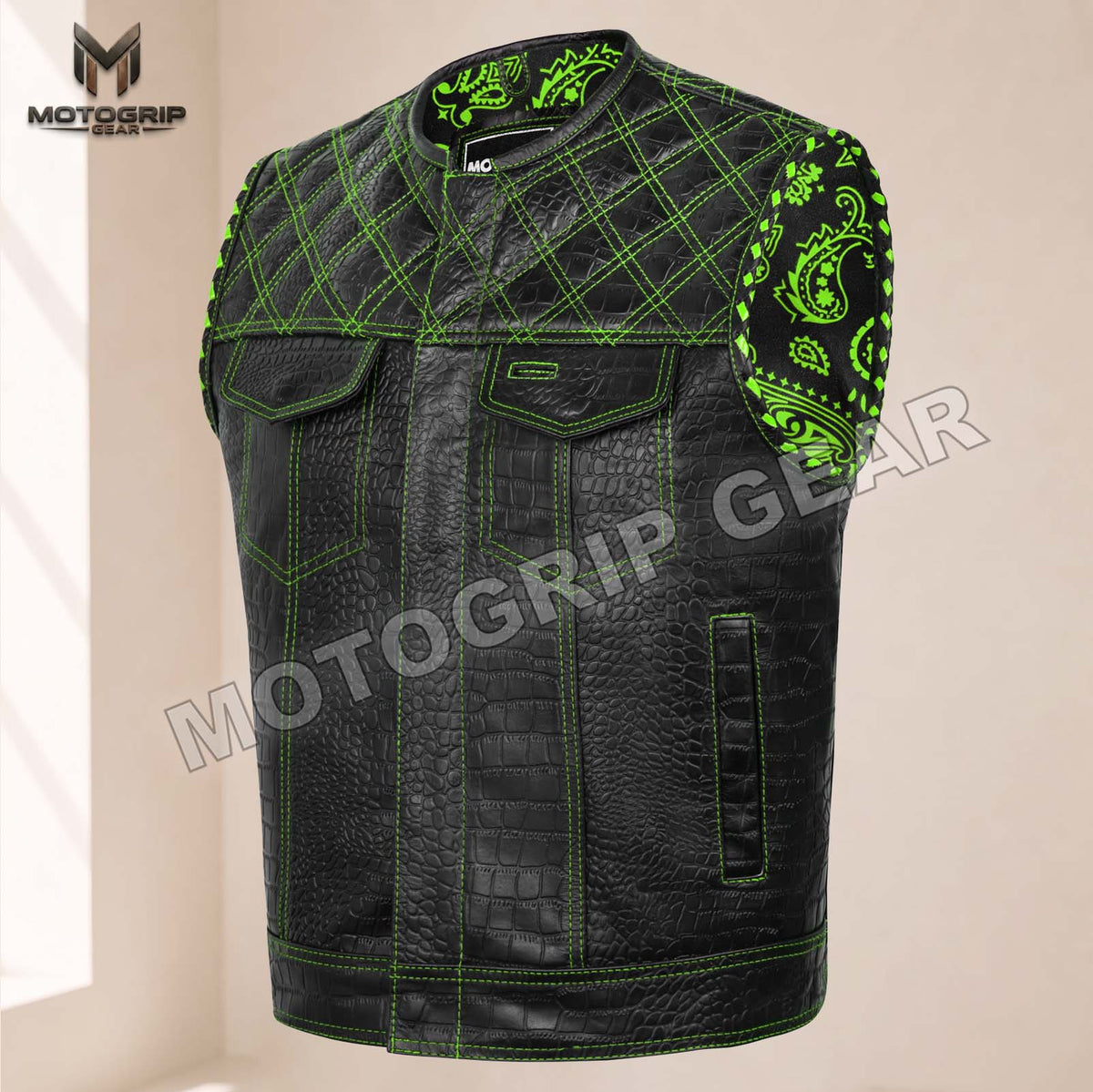 Men’s Crocodile Embossed Cowhide Leather Motorcycle Vest – Contrast Stitch Biker Club Vest