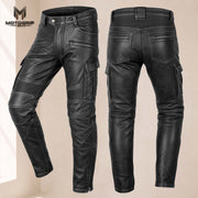 Men’s Distressed Black Cowhide Leather Armored Motorcycle Cargo Pants