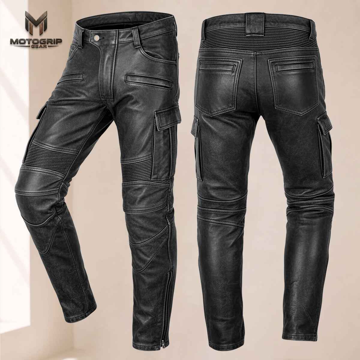 Men’s Distressed Black Cowhide Leather Armored Motorcycle Cargo Pants