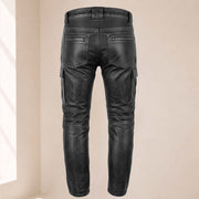 Men’s Distressed Black Cowhide Leather Armored Motorcycle Cargo Pants