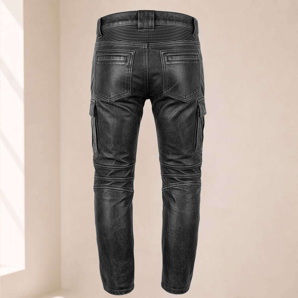 Men’s Distressed Black Cowhide Leather Armored Motorcycle Cargo Pants