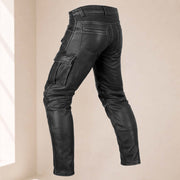Men’s Distressed Black Cowhide Leather Armored Motorcycle Cargo Pants