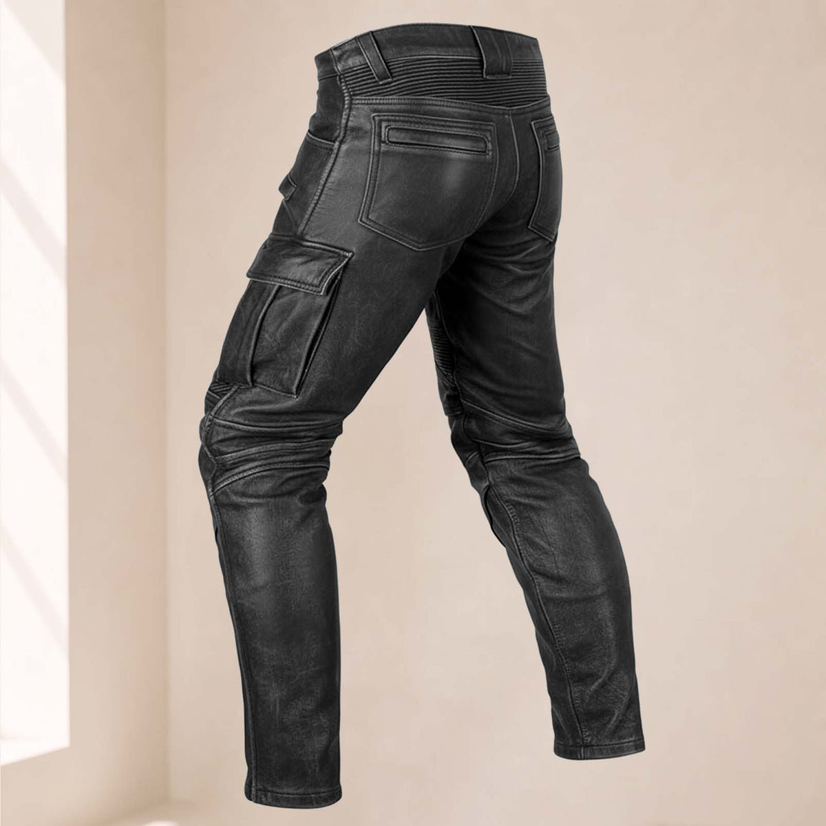 Men’s Distressed Black Cowhide Leather Armored Motorcycle Cargo Pants