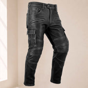 Men’s Distressed Black Cowhide Leather Armored Motorcycle Cargo Pants
