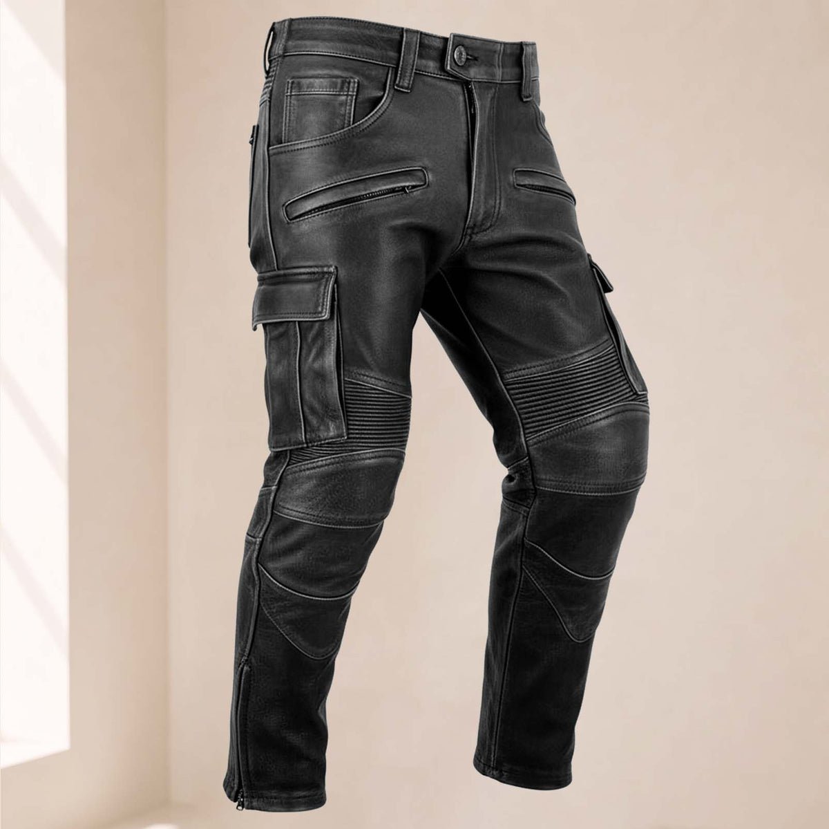 Men’s Distressed Black Cowhide Leather Armored Motorcycle Cargo Pants
