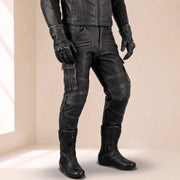 Men’s Distressed Black Cowhide Leather Armored Motorcycle Cargo Pants