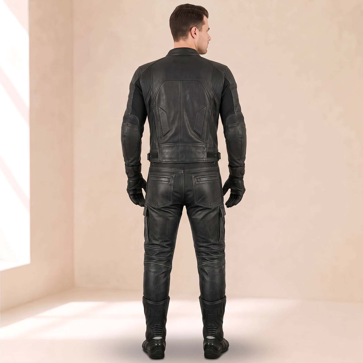 Men’s Distressed Black Cowhide Leather Armored Motorcycle Cargo Pants