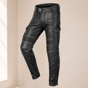Men’s Distressed Black Cowhide Leather Armored Motorcycle Cargo Pants