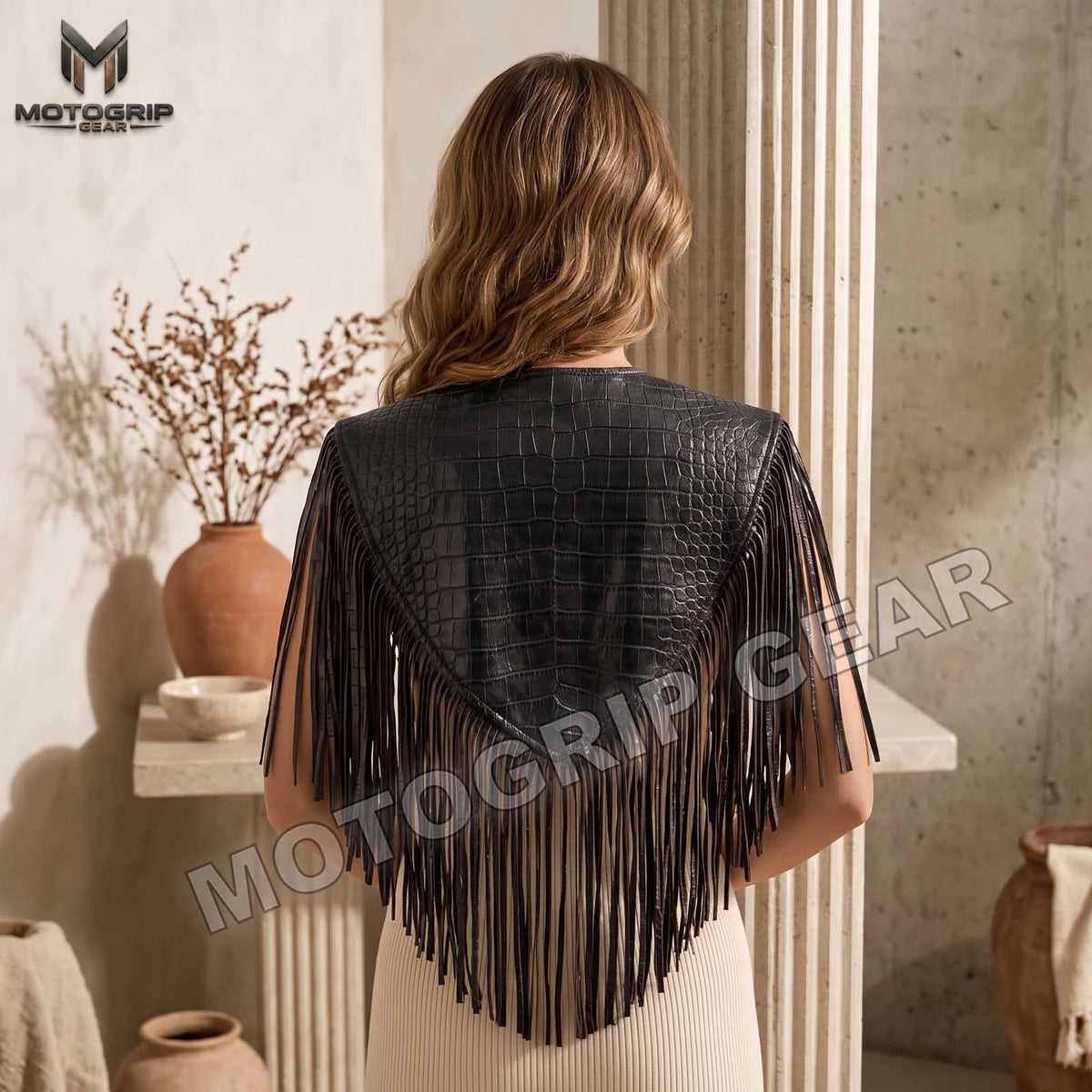 Women’s Crocodile Embossed Leather Fringe Shawl – Western Cowgirl Cape
