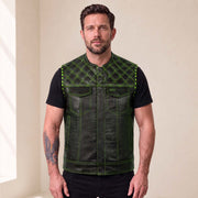 Men’s Crocodile Embossed Cowhide Leather Motorcycle Vest – Contrast Stitch Biker Club Vest