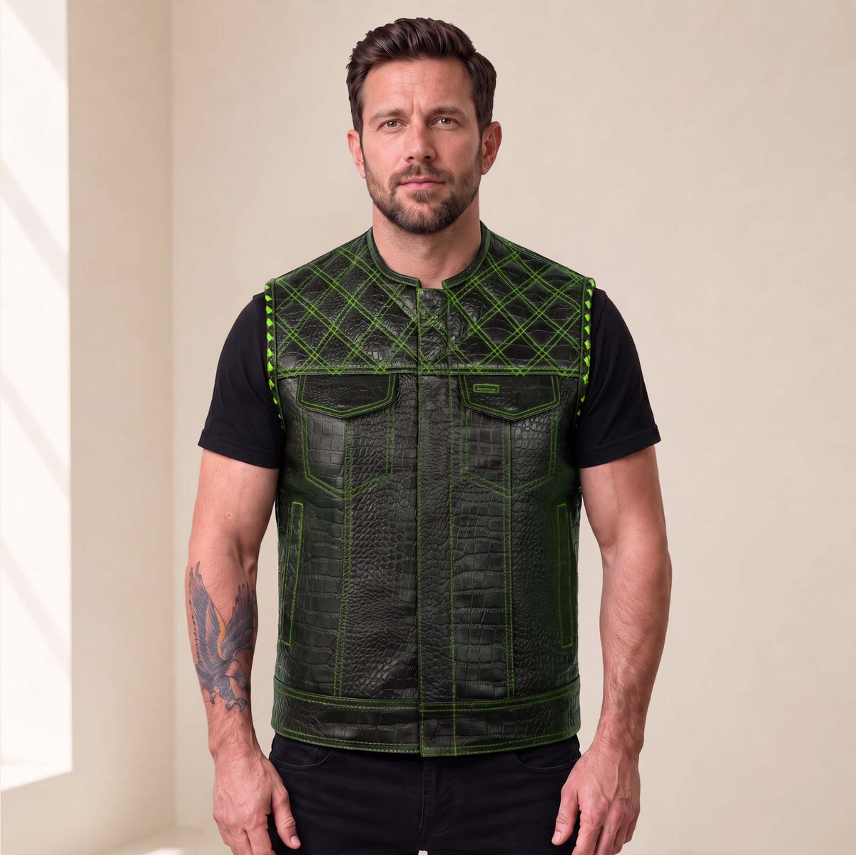 Men’s Crocodile Embossed Cowhide Leather Motorcycle Vest – Contrast Stitch Biker Club Vest