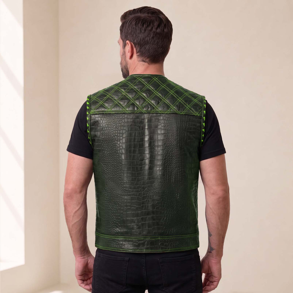Men’s Crocodile Embossed Cowhide Leather Motorcycle Vest – Contrast Stitch Biker Club Vest