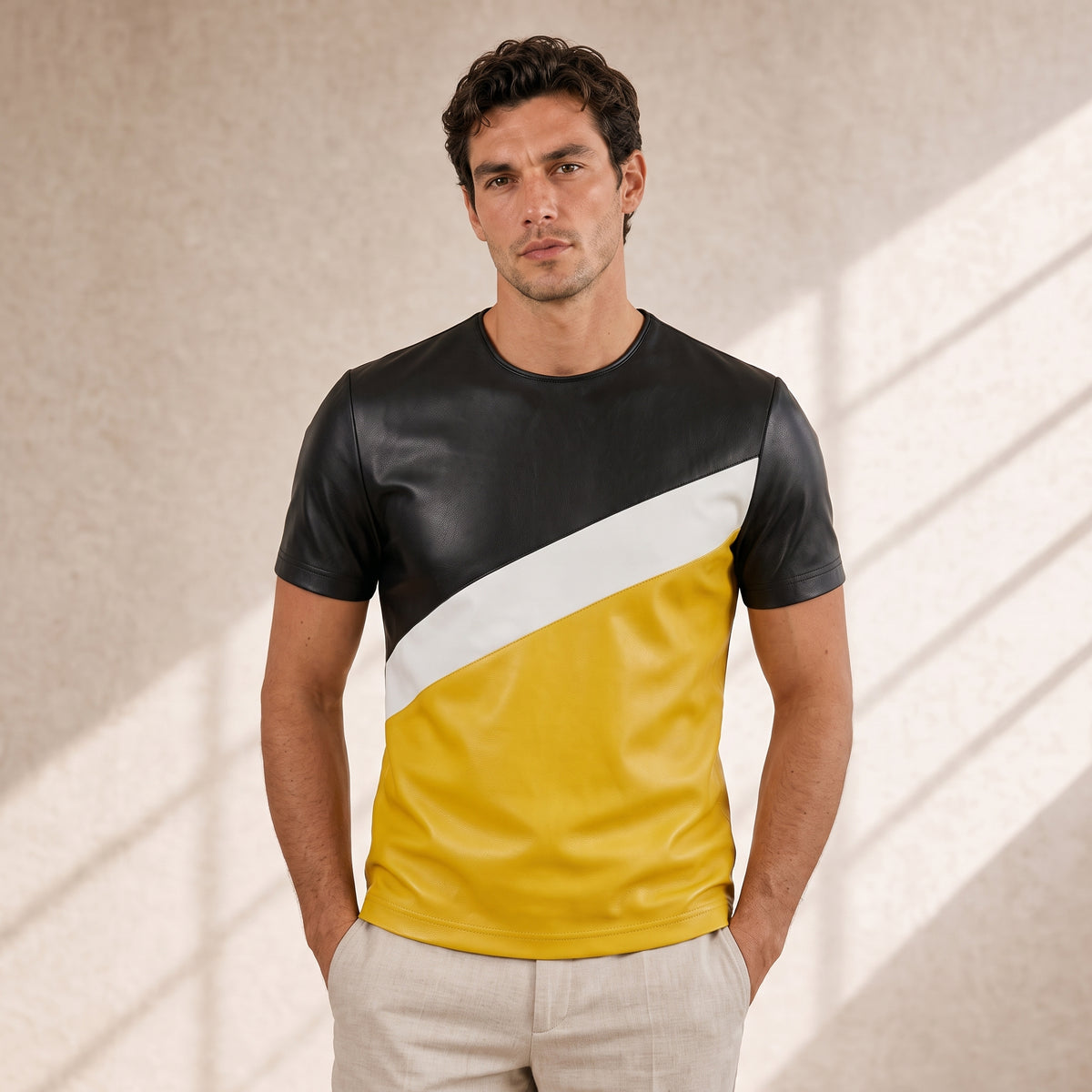 Men's Black, White & Mustard Lambskin Leather T-Shirt