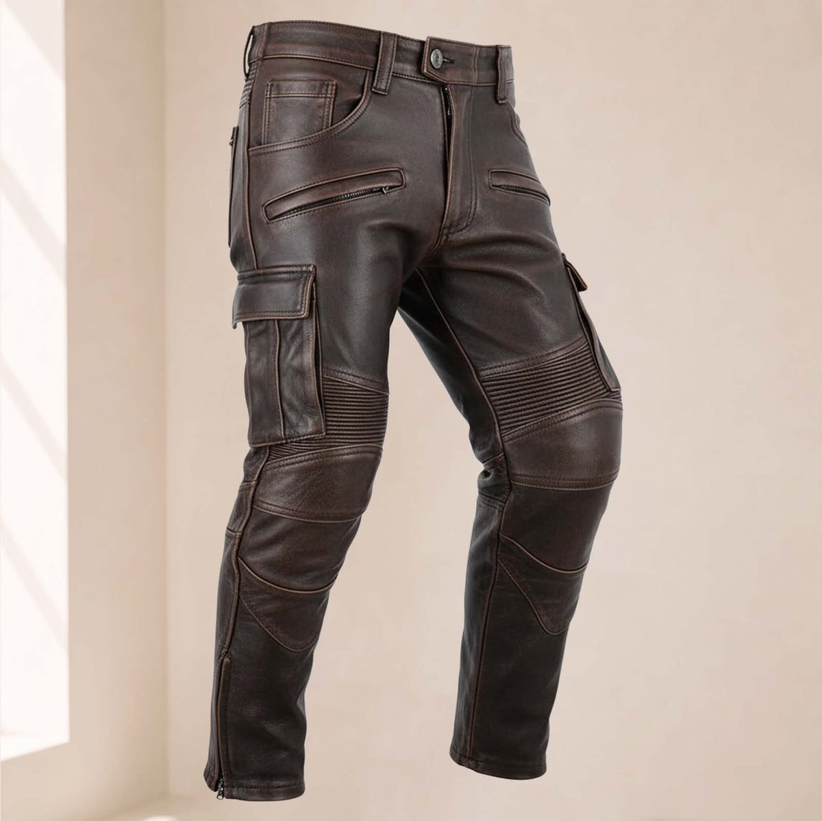 Men’s Distressed Brown Genuine Cowhide Leather Motorcycle Cargo Riding Pants