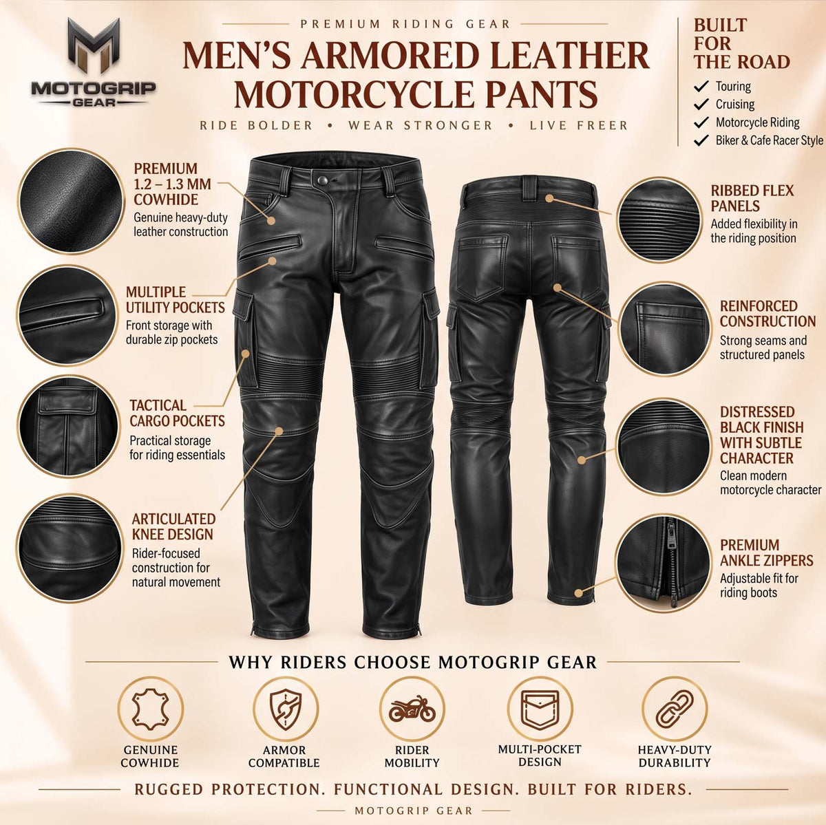 Men’s Black Genuine Cowhide Leather Motorcycle Cargo Riding Pants