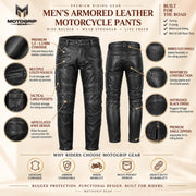 Men’s Distressed Black Cowhide Leather Armored Motorcycle Cargo Pants