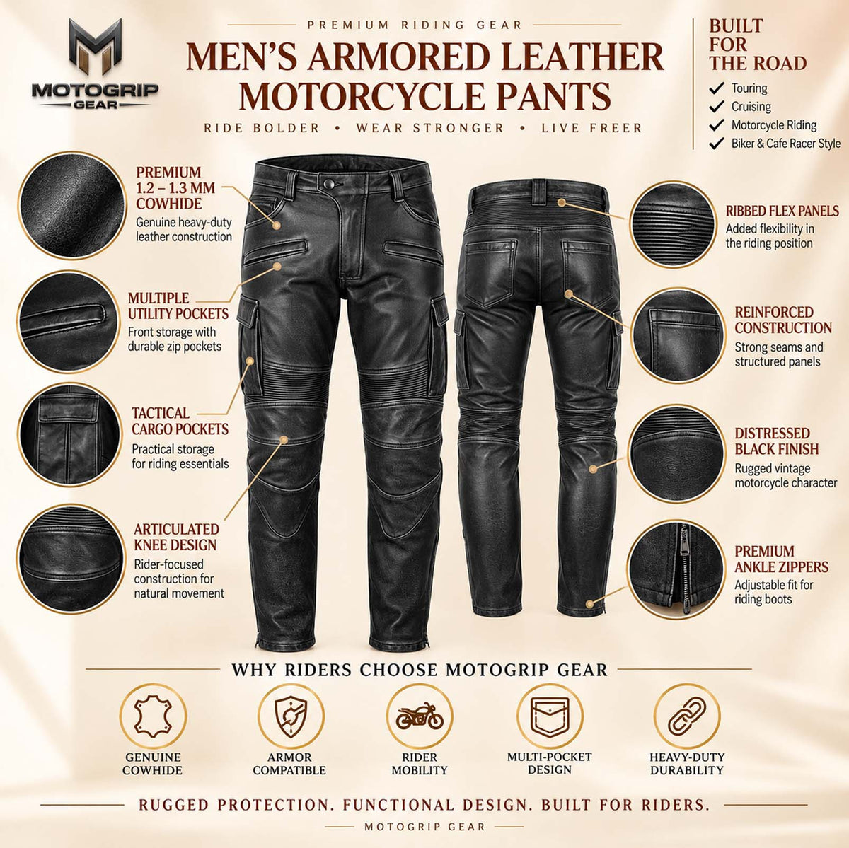 Men’s Distressed Black Cowhide Leather Armored Motorcycle Cargo Pants