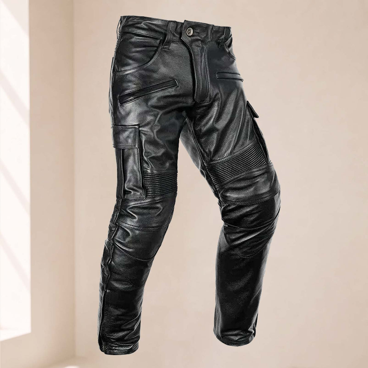 Men’s Black Genuine Cowhide Leather Motorcycle Cargo Riding Pants